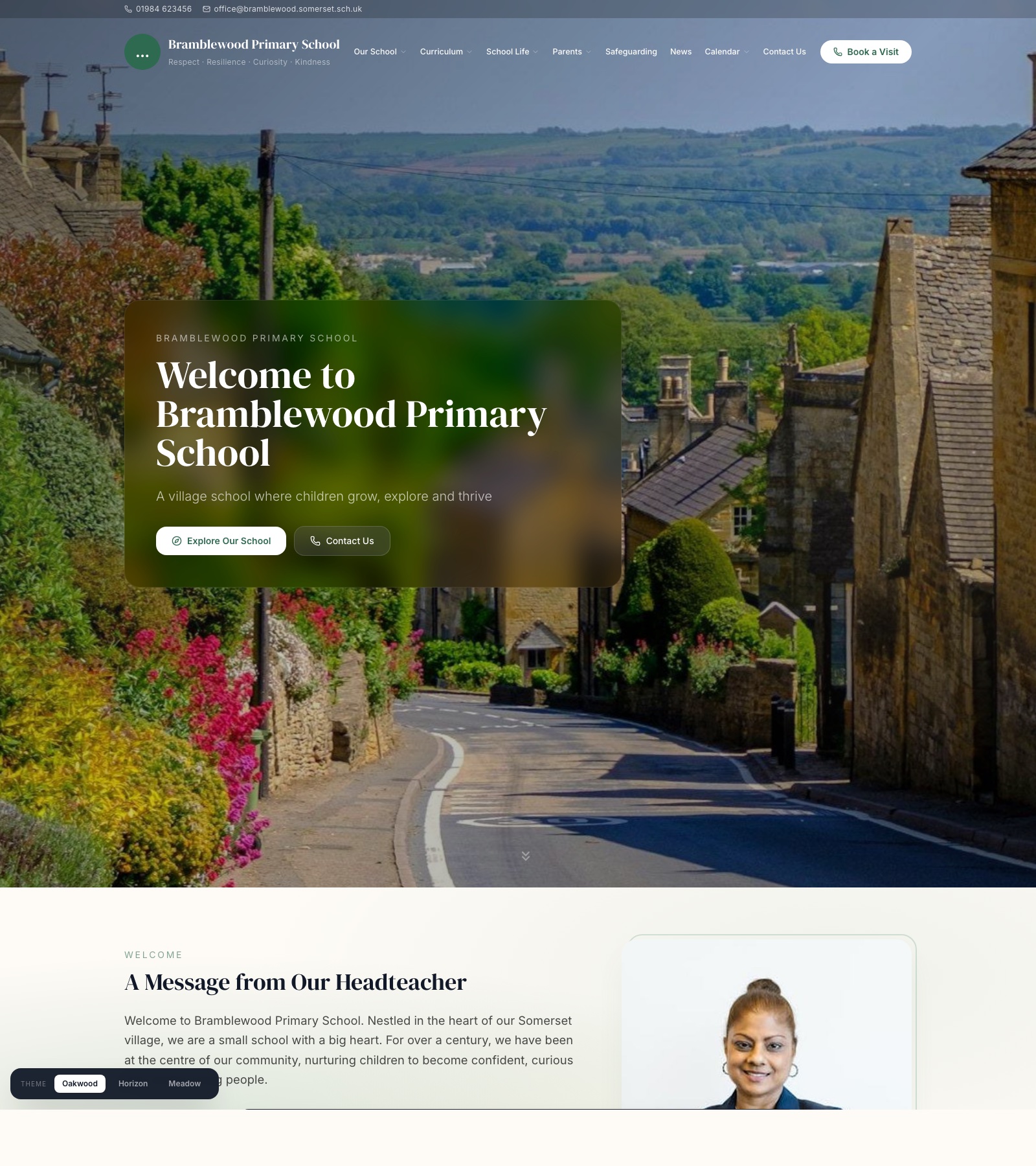 Bramblewood Primary School demo site - Oakwood theme, warm honey-stone village hero, Sarah Fielding welcome