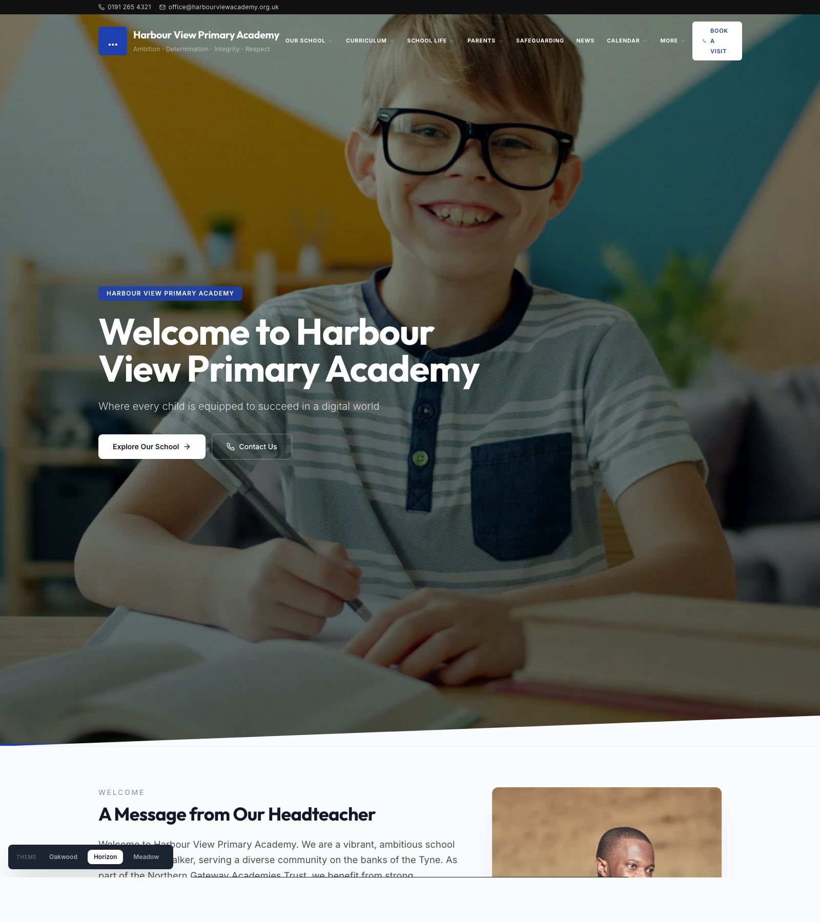 Harbour View Primary Academy demo site - Horizon theme, urban academy hero, James Okafor welcome